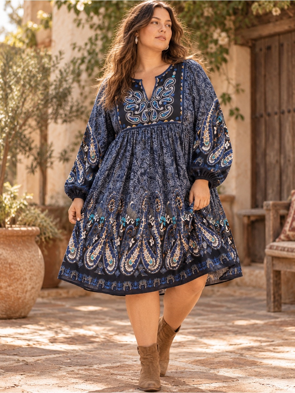 White Mark Sweater Dress Womens 4XL Blue Paisley Boho Long Sleeve Knee